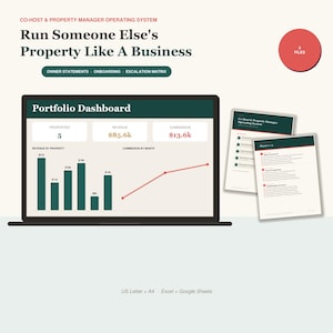 May include: A digital operating system for property managers featuring a laptop displaying a portfolio dashboard with revenue and commission data, alongside two printed document pages and a red circle icon labeled 5 FILES. Text includes US Letter + A4.