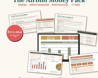 May include: The Airbnb Money Pack digital resource set includes three workbooks, fifteen charts, and Excel and Google Sheets templates. It features a dashboard displaying a $16,710 cleaning fee net, a 35.5% profit margin, and a $111,924 net cash flow.