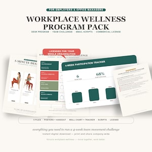 May include: A workplace wellness program pack featuring a 4-week team movement challenge, desk program, email scripts, and commercial license. Includes posters, handouts, a wall chart, and a participation tracker with charts showing 68% participation.