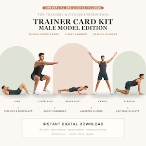 May include: A digital trainer card kit featuring 56 real-photo cards for fitness instructors. The graphic displays a person performing five exercises: crunches, squats, push-ups, jumping jacks, and cat-cow stretches, labeled by body focus area.