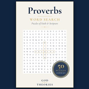 Op de afbeelding: Een boekomslag getiteld Proverbs Word Search: Puzzles of Faith & Scripture. De crèmekleurige omslag bevat een letterrooster waarin de woorden WISDOM en PRUDENT zijn gemarkeerd. Een ronde badge geeft aan 50 Puzzles Answer Key.