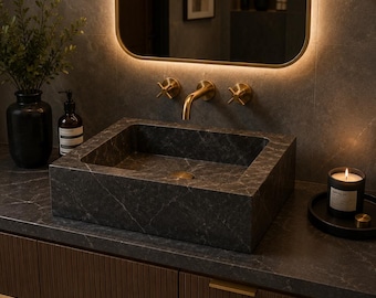 Marble Sink Dark Emperador, Handmade Bathroom Sink, Natural Stone Wash Basin, Custom Vanity Top