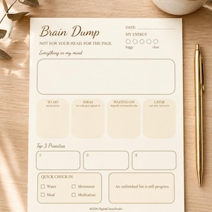 Peut inclure: Une feuille de planification Brain Dump couleur crème avec du texte brun foncé. Elle comprend des sections pour la date, le niveau d'énergie, une grande zone de notes, quatre cases catégorisées, trois priorités et une liste de suivi rapide.