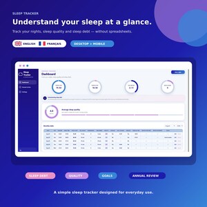 睡眠トラッカーアプリ、睡眠ログ、睡眠不足ダッシュボード、デジタルウェルネスプランナー、英語＆フランス語