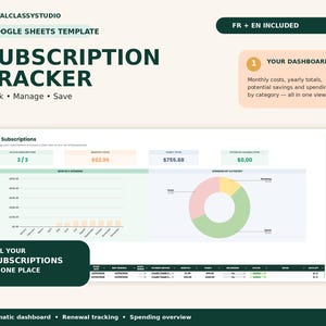 Peut inclure: Un modèle de suivi d'abonnements Google Sheets numérique comprenant un tableau de bord avec les coûts mensuels, les totaux annuels et les dépenses par catégorie. L'interface inclut un graphique à barres, un diagramme circulaire et un tableau.