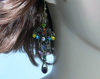 Earrings - Antique Brass with Colored Stones - FS-083