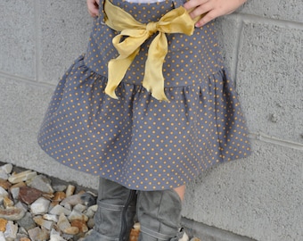 Ruffle Gray Corduroy Skirt with Mustard Belt and Mustard Polkadots