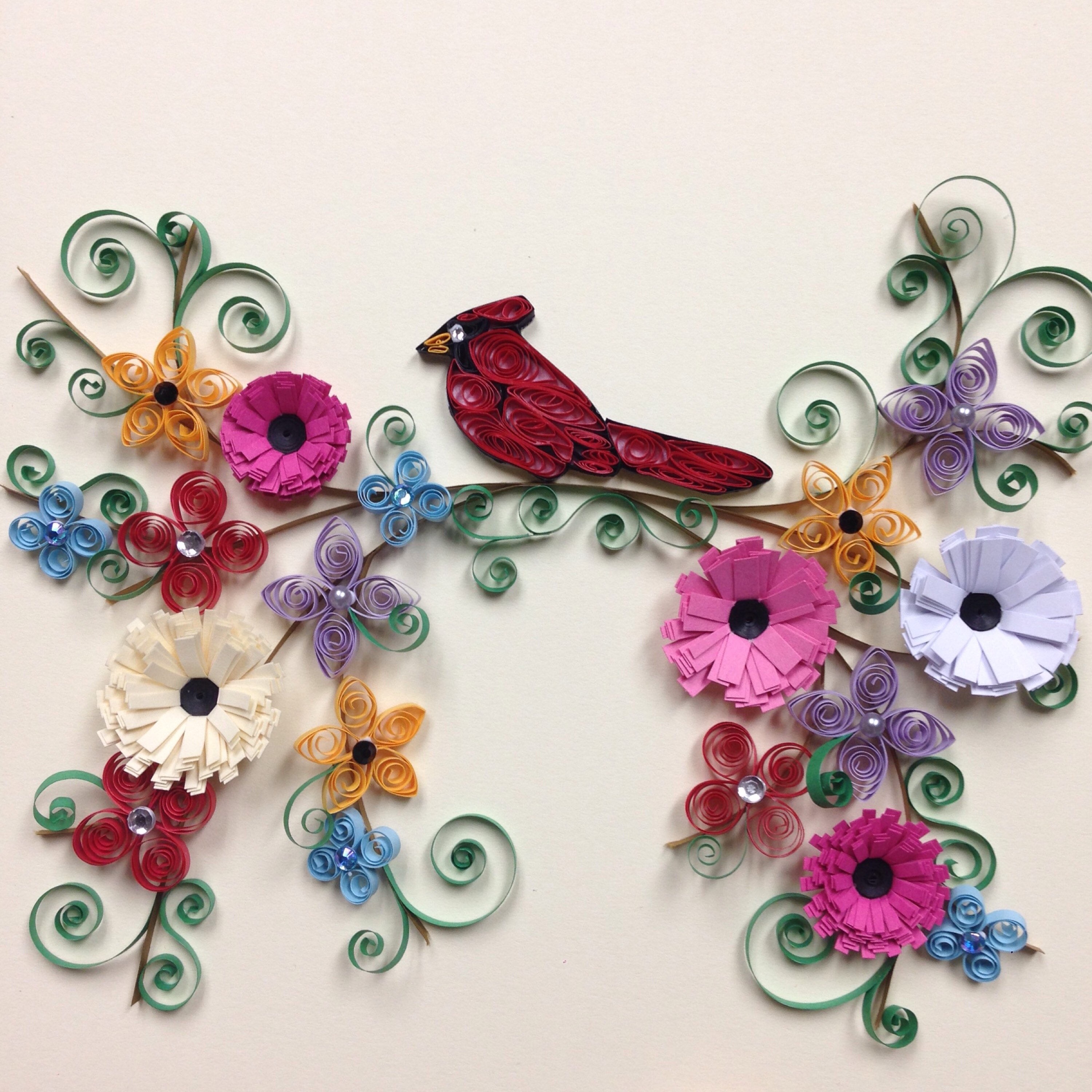 Quilled Cardinal With Flowers Quilling Art Handmade Framed Etsy