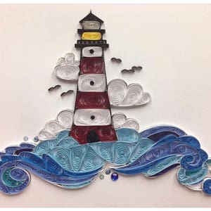 Lighthouse, Sea Scene, Nautical, 11x14 framed, Quilling, Quilled Art