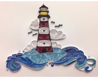 Lighthouse, Sea Scene, Nautical, 11x14 framed, Quilling, Quilled Art