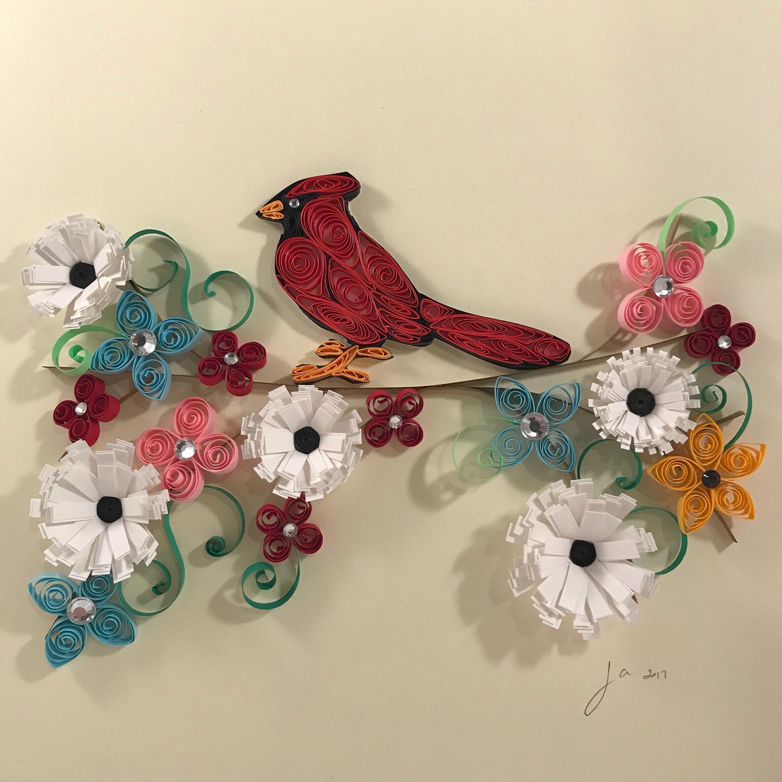 Quilled Cardinal with Flowers quilling art handmade framed Etsy