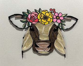 Quilled Art, Cow with Flowers, Framed 8x10