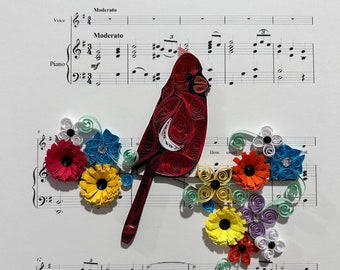 Cardinal Over Sheet Music, Quilling, Framed Quilled Art