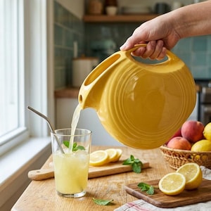 May include: A bright yellow ceramic pitcher with a circular design and a handle, pouring a pale yellow liquid into a clear glass filled with ice, a metal straw, and fresh green mint leaves, with sliced lemons nearby on a wooden surface.