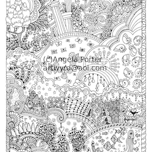 May include: A black and white intricate line drawing with a whimsical and surreal theme. The drawing features a variety of elements, including trees, clouds, stars, fish, skulls, and a rainbow. The drawing is signed "Angie Porter" and dated "12 Nov 2015".