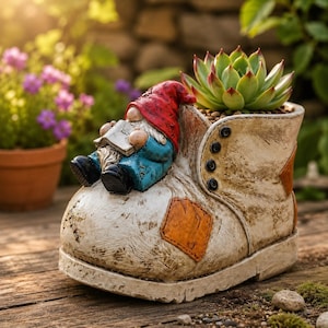 May include: A decorative planter shaped like a worn, off-white boot with a brown patch, featuring a small gnome with a red hat and blue coat reading a book. A green succulent plant is potted inside the top opening of the boot-shaped container.