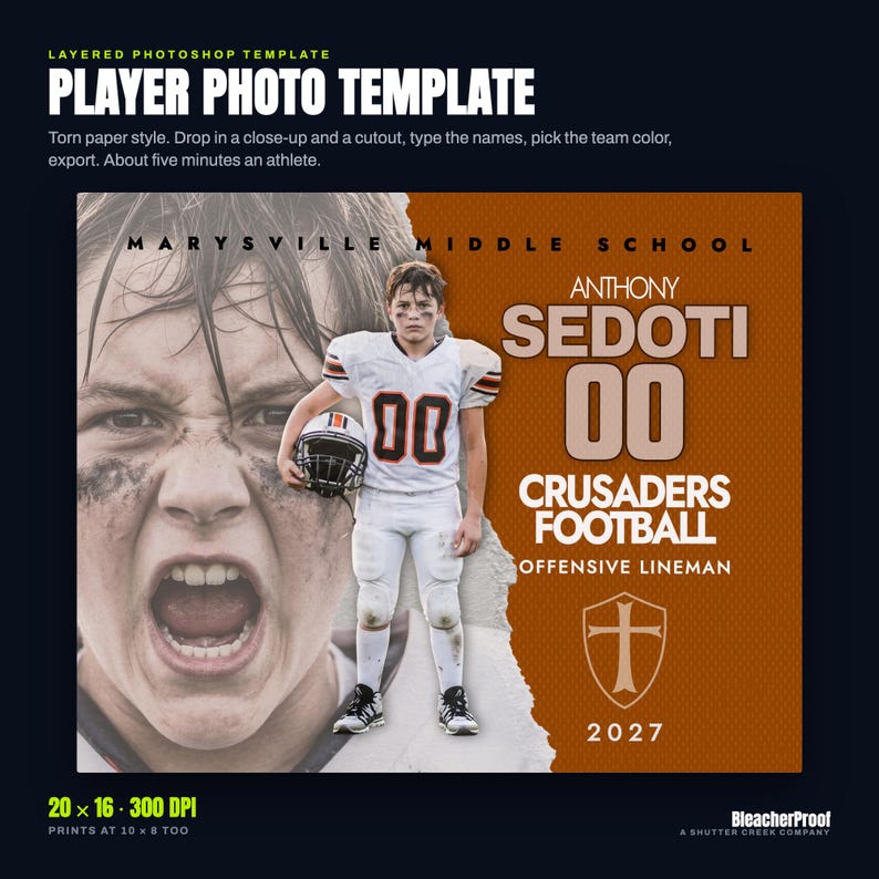 Plantilla fotográfica de jugador de fútbol / Estilo papel rasgado PSD (20x16, 300 DPI) imagen 1