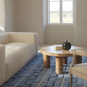 Geometric Wool Rug, Modern Maze Pattern, Sage Green or Sky Blue, Textured Area Carpet