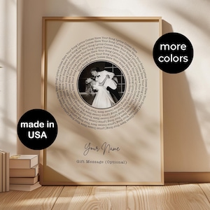 May include: A rectangular wall art print on a beige background featuring a circular black and white photograph of a couple dancing. The text 'Your Song Lyrics Comes Here' repeats in a circle around the photo. Below are the words 'Your Name' and 'Gift Message (Optional)'.