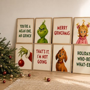 Pode incluir: Oito quadros retangulares em molduras de madeira clara com ilustrações e texto temático do Grinch. As gravuras exibem o Grinch, o cão Max, Cindy Lou Who, uma mão segurando um enfeite e frases como Merry Grinchmas.