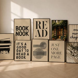 May include: A collection of eight framed wall art prints featuring various designs including black text on beige backgrounds, a stack of books on a head, a bookstore entrance, abstract geometric shapes, and a tree silhouette against striped patterns.