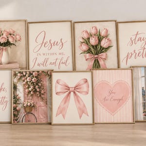 May include: A collection of nine framed wall art prints featuring a pink color palette. Designs include bouquets of pink roses and tulips, a pink bow, a heart with the text You Are Enough, a bicycle by a pink door, and the Eiffel Tower.