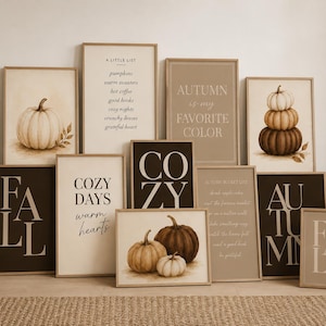 May include: A collection of framed wall art prints featuring autumn themes, including illustrations of pumpkins, stacked gourds, and typography with phrases like A LITTLE LIST, AUTUMN IS MY FAVORITE COLOR, COZY DAYS, and FALL in neutral tones.