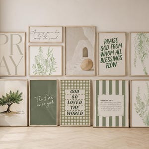 May include: A gallery wall set of ten framed prints featuring botanical illustrations, abstract architectural shapes, and religious text including "PRAY," "Amazing grace how sweet the sound," "PRAISE GOD FROM WHOM ALL BLESSINGS FLOW," "The Lord is so good," and "GOD SO LOVED THE WORLD."
