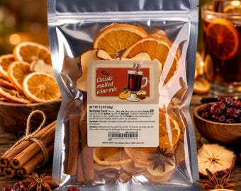 Kit clásico de especias para vino caliente especiado: especias tradicionales para vino caliente con naranja deshidratada, manzana, canela, clavo y anís estrellado.
