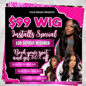 Wig Special Flyer, Wig Install Flyer, Wig Flyer, Hair Install Flyer, Hair Booking Flyer, Hair Stylist, Social Media Flyer, Canva Editable