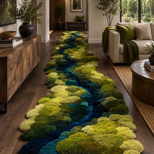 Nature Inspired Moss River Rug, Hand Tufted Wool Runner Rug, Organic Abstract Hallway Runner, Premium New Zealand Wool Rug, Luxury Entryway