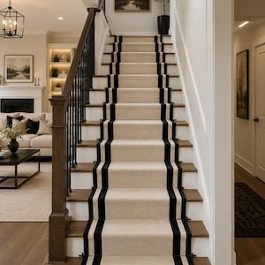 May include: A staircase featuring wooden steps covered by a beige carpet runner with two distinct black border stripes running vertically up the center. The staircase includes a dark wooden handrail with black metal balusters and white risers.
