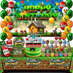 May include: A Minecraft-themed party supply set featuring a backdrop with a pixelated house, a green cake with a Happy Birthday topper, themed plates, napkins, and cupcake toppers. The display includes balloons, TNT-printed items, and pixelated character graphics.