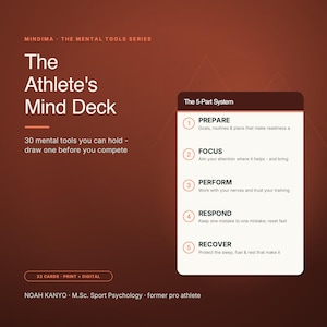 May include: A dark red informational card titled The Athlete's Mind Deck from the Mental Tools Series. It lists a 5-part system: Prepare, Focus, Perform, Respond, and Recover. The card notes 30 mental tools, 32 cards, print and digital formats.