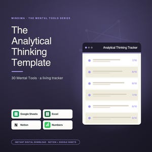 Può includere: Un modello digitale intitolato The Analytical Thinking Template della serie Mindima Mental Tools. Presenta un'interfaccia di tracciamento con sei righe di dati, oltre a icone per Google Sheets, Excel, Notion e Numbers su sfondo viola scuro.