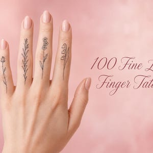 Puede incluir: Una colección de 100 tatuajes de dedo de línea fina con delicadas ilustraciones botánicas en tinta negra de varias flores y tallos en los dedos, acompañada por el texto 100 Fine Line Finger Tattoos en una fuente de estilo manuscrito.