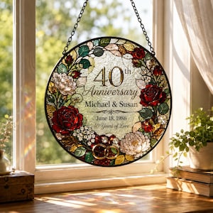 Personalized 40th Anniversary Suncatcher, Ruby Anniversary Stained Glass, Custom Wedding Anniversary Gift, 40 Years of Love Window Hanging