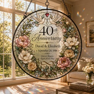 Personalized 40th Anniversary Suncatcher, Ruby Wedding Anniversary Gift, Custom Stained Glass Window Hanging, 40 Year Couple Keepsake