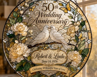 Personalized 50th Wedding Anniversary Suncatcher, Golden Anniversary Gift for Couple,Custom Stained Glass Style Window Hanging,Dove Keepsake