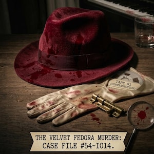 Könnte beinhalten: Ein dunkelroter Samt-Fedora-Hut, ein weißer Handschuh mit roten Flecken, ein Metallriegel, eine Lupe und eine Tonbandspule mit der Aufschrift TAPE #1 (CONTRADICTION). Ein Banner unten zeigt THE VELVET FEDORA MURDER: CASE FILE #54-1014.