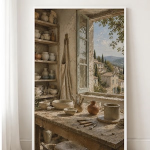 Peut inclure: Une impression d'art mural encadrée représentant l'intérieur d'un atelier de poterie avec des étagères en bois remplies de bols et de vases en céramique, un établi avec des outils d'argile et des récipients, et une fenêtre ouverte sur un village.