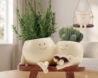 Reading Character Planter Pot | Smiley Face Succulent Holder, Desk Decor