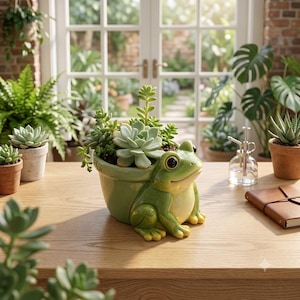 May include: A light green ceramic planter shaped like a sitting frog, featuring large dark eyes and a smooth finish. The planter holds a variety of green succulents with thick, fleshy leaves, creating a decorative arrangement for a tabletop.