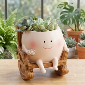 Cute Smiling Face Plant Pot in Rocking Chair, Novelty Ceramic Succulent Planter, Kawaii Desk Decor, Quirky Gift for Plant Lovers34
