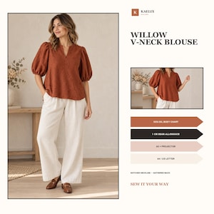 Könnte beinhalten: Eine rostfarbene Willow V-Ausschnitt-Bluse mit Puffärmeln und strukturiertem Muster, kombiniert mit einer weißen weiten Hose. Der Text umfasst: Willow V-neck blouse, XXS-5XL body chart, 1 cm seam allowance, A0 + projector, A4 / US letter, notched neckline.