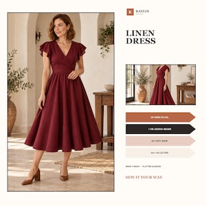 Peut inclure: Une robe en lin rouge foncé avec un décolleté en V croisé, des manches à volants et une jupe ample arrivant sous les genoux. L'image contient le texte : KAELIX DESIGNS, LINEN DRESS, US SIZES XS-2XL, 1 CM JOINING SEAMS, A0 COPY SHOP, A4 + US LETTER, WRAP V-NECK + FLUTTER SLEEVES, SEW IT YOUR WAY.