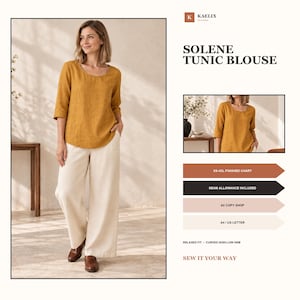 May include: A mustard yellow tunic blouse with three-quarter sleeves and a curved high-low hem. The text reads: KAELIX DESIGNS, SOLENE TUNIC BLOUSE, XS-4XL FINISHED CHART, SEAM ALLOWANCE INCLUDED, A0 COPY SHOP, A4 / US LETTER, RELAXED FIT - CURVED HIGH-LOW HEM, SEW IT YOUR WAY.