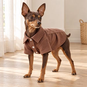 May include: A small brown dog with pointed ears stands wearing a brown short-sleeved shirt. The shirt features a classic collar and three white buttons down the front placket. The fabric has a solid, matte texture and covers the dog's torso.