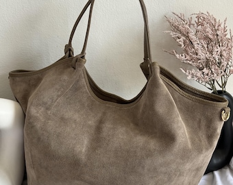 Spacious Taupe Suede Tote with Leather Trim