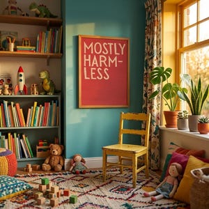 May include: A rectangular wall art print in a wooden frame featuring the text MOSTLY HARM-LESS in cream letters on a red background, displayed in a room with a bookshelf, a yellow wooden chair, a patterned rug, and various toys and plants.